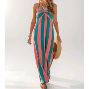 Maria Filo Striped Maxi Halter Dress In Pink And Green Size Medium